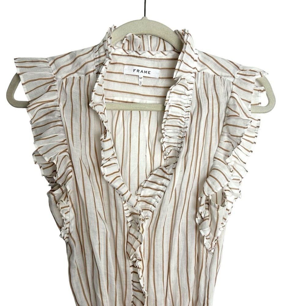 FRAME Lauren Striped Ruffle Shirt Dress in Café Multi Size S EC W/O Slip - Picture 3 of 9